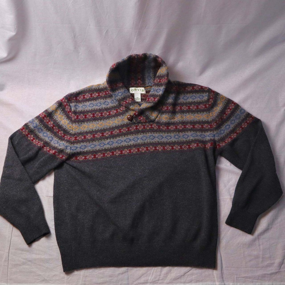 Orvis Mens Fair Isle Shawl Collar‎ Sweater 100% Lambswool Size XXL - Picture 2 of 8